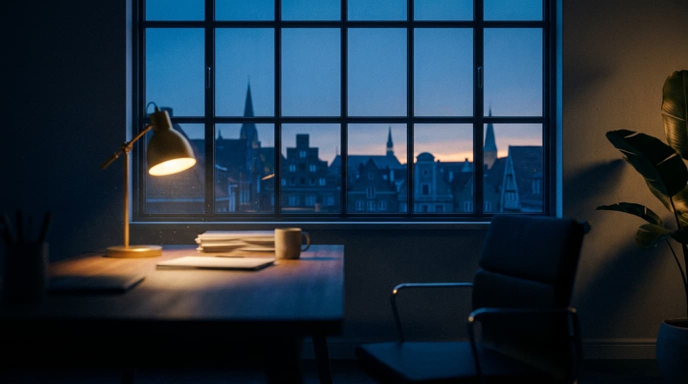 Büro zur blauen Stunde: Schreibtisch mit Messinglampe vor einem grossen Fenster mit Blick über die Stadt