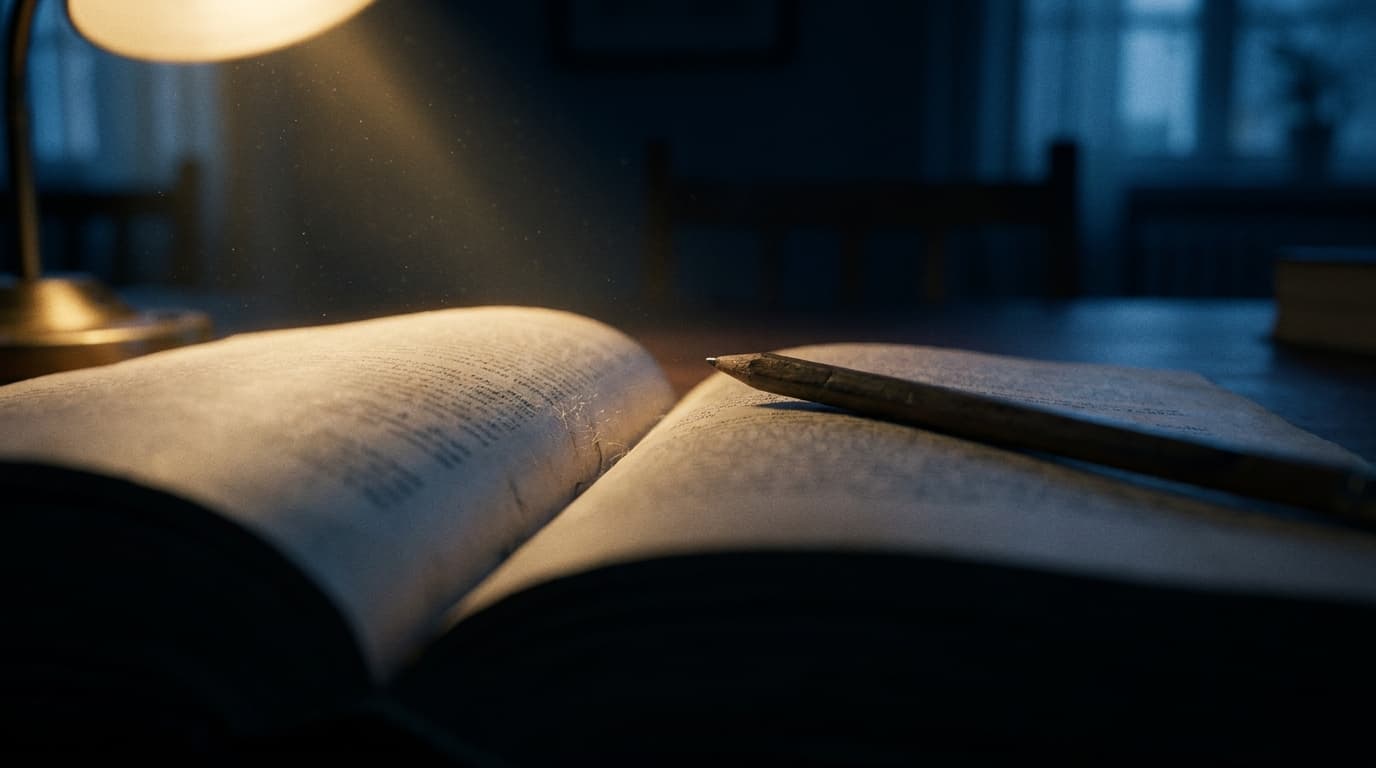 Aufgeschlagenes Buch im Licht einer Messinglampe zur blauen Stunde