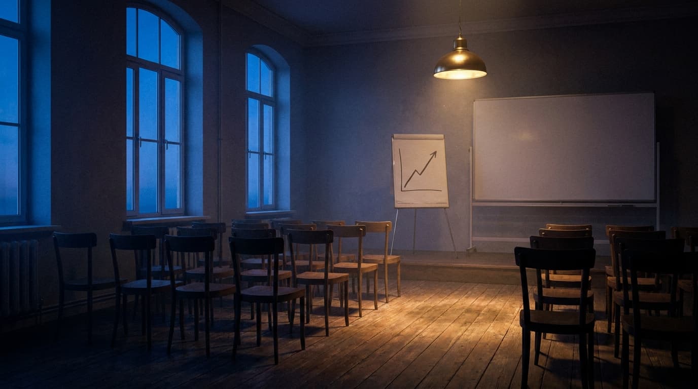 Leerer Seminarraum mit Stuhlreihen im Morgenlicht, eine Messinglampe erhellt die erste Reihe