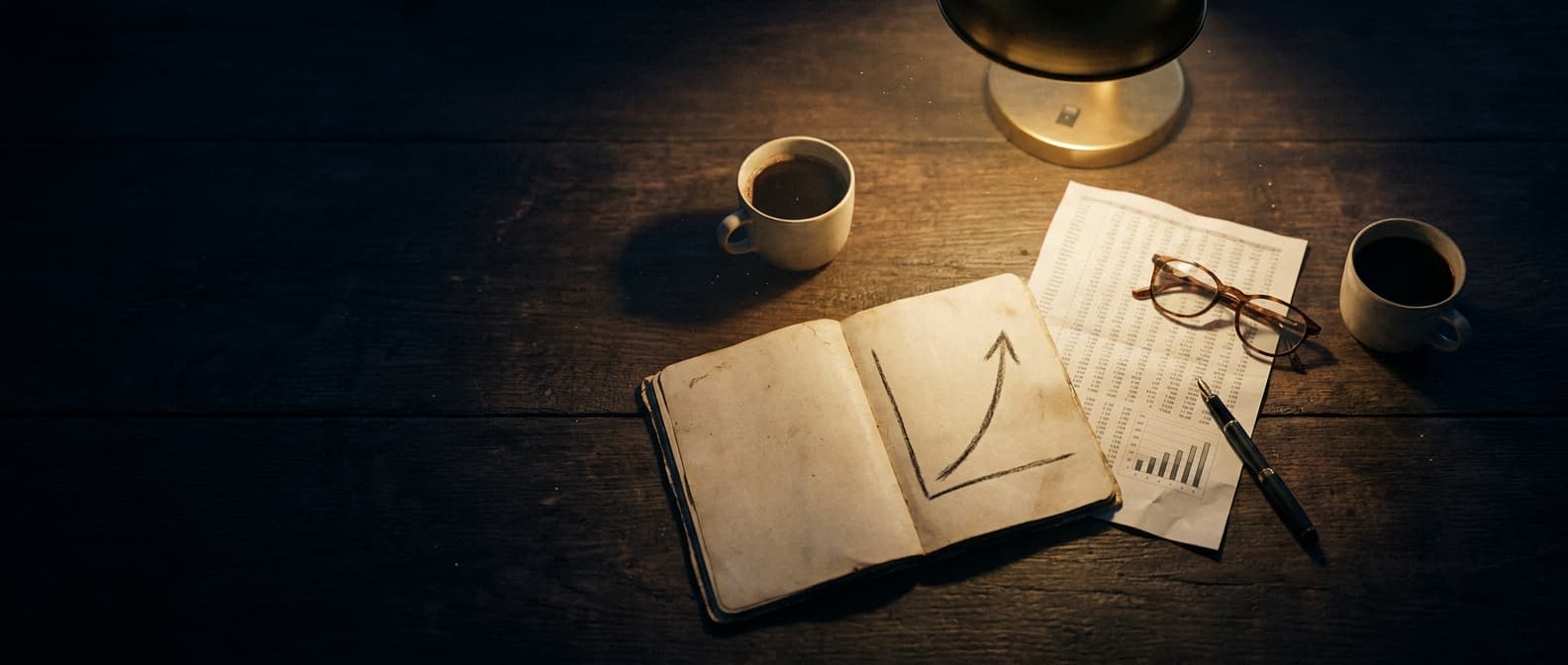 Tisch zur blauen Stunde mit Notizbuch, Kursblatt, Brille und zwei Tassen im Licht einer Messinglampe