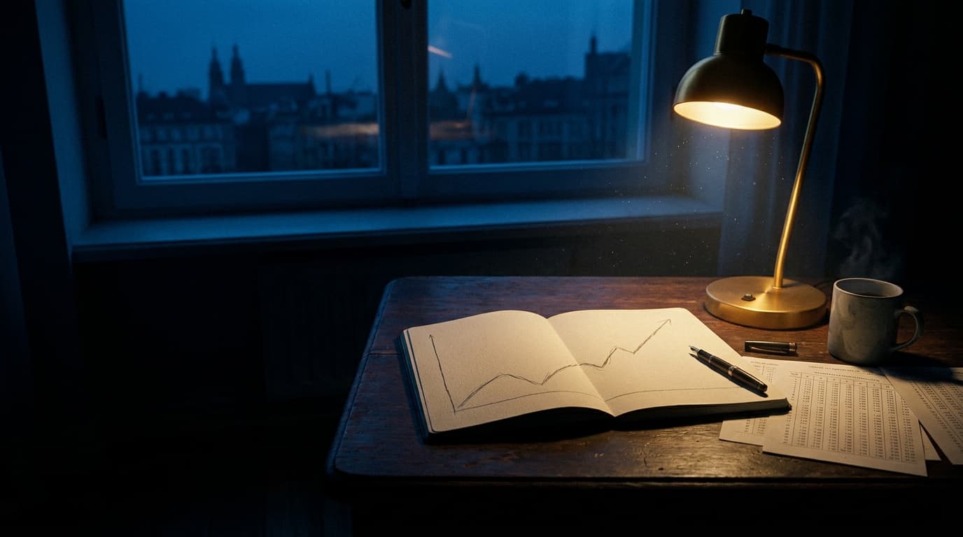 Schreibtisch zur blauen Stunde: aufgeschlagenes Notizbuch mit handgezeichneter steigender Kurve im Licht einer Messinglampe