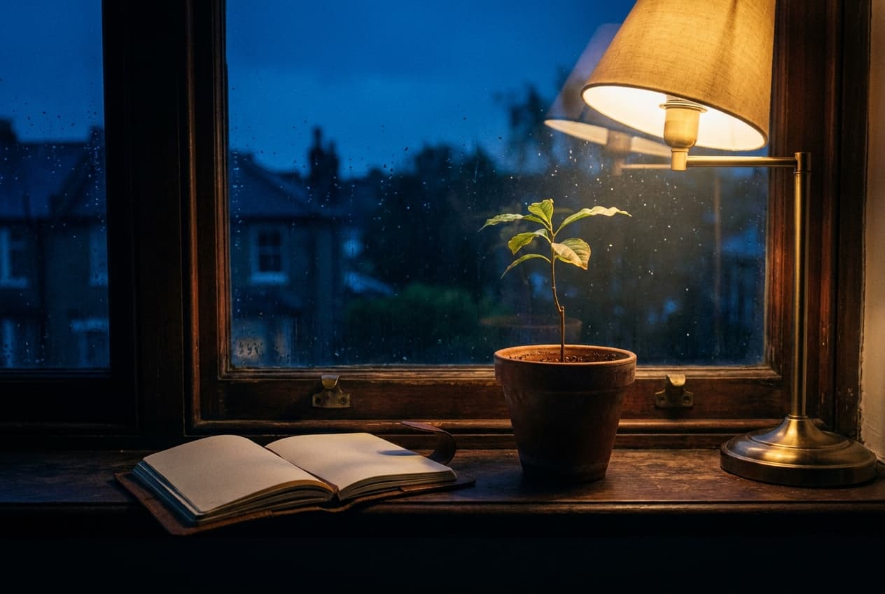 Junge Pflanze und aufgeschlagenes Notizbuch auf einem Fensterbrett im warmen Lampenlicht