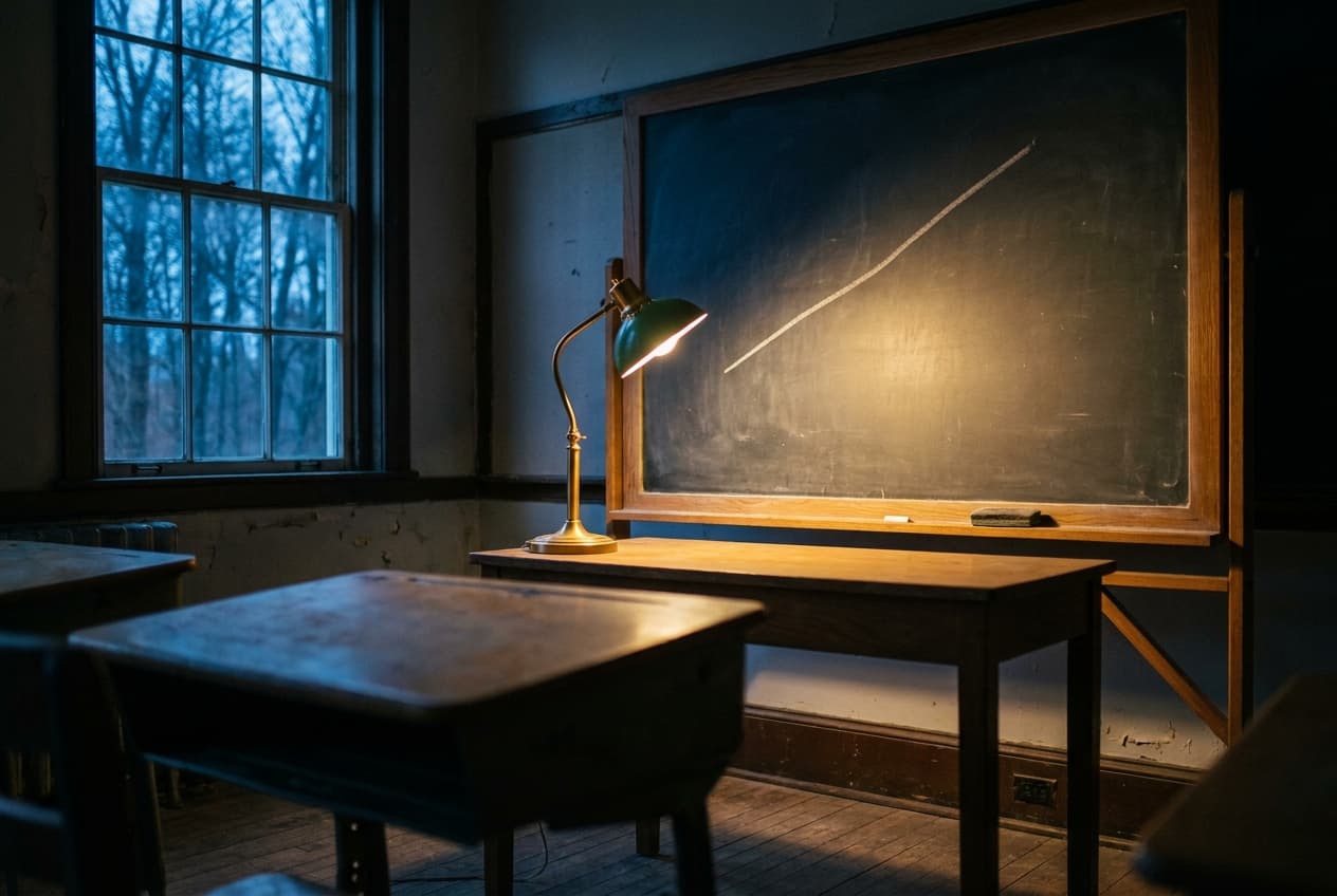 Leeres Klassenzimmer mit steigender Kreidelinie an der Tafel im Morgenlicht
