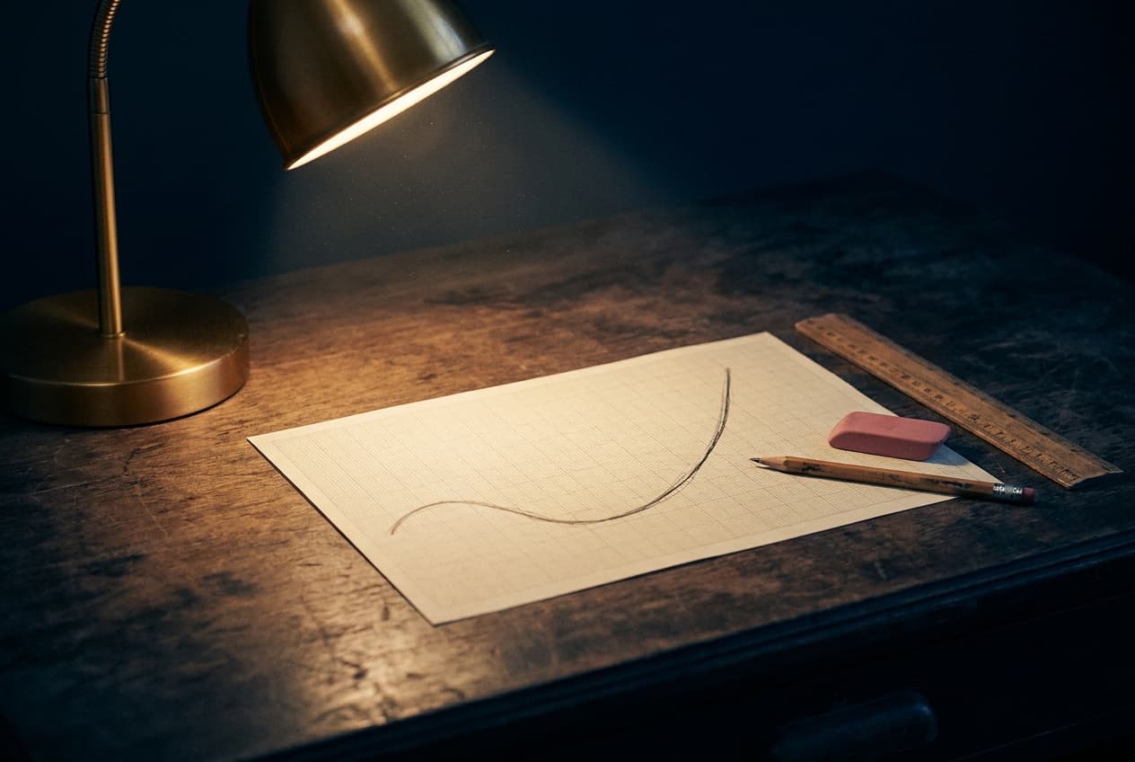 Handgezeichnete steigende Kurve auf Millimeterpapier im Licht einer Messinglampe