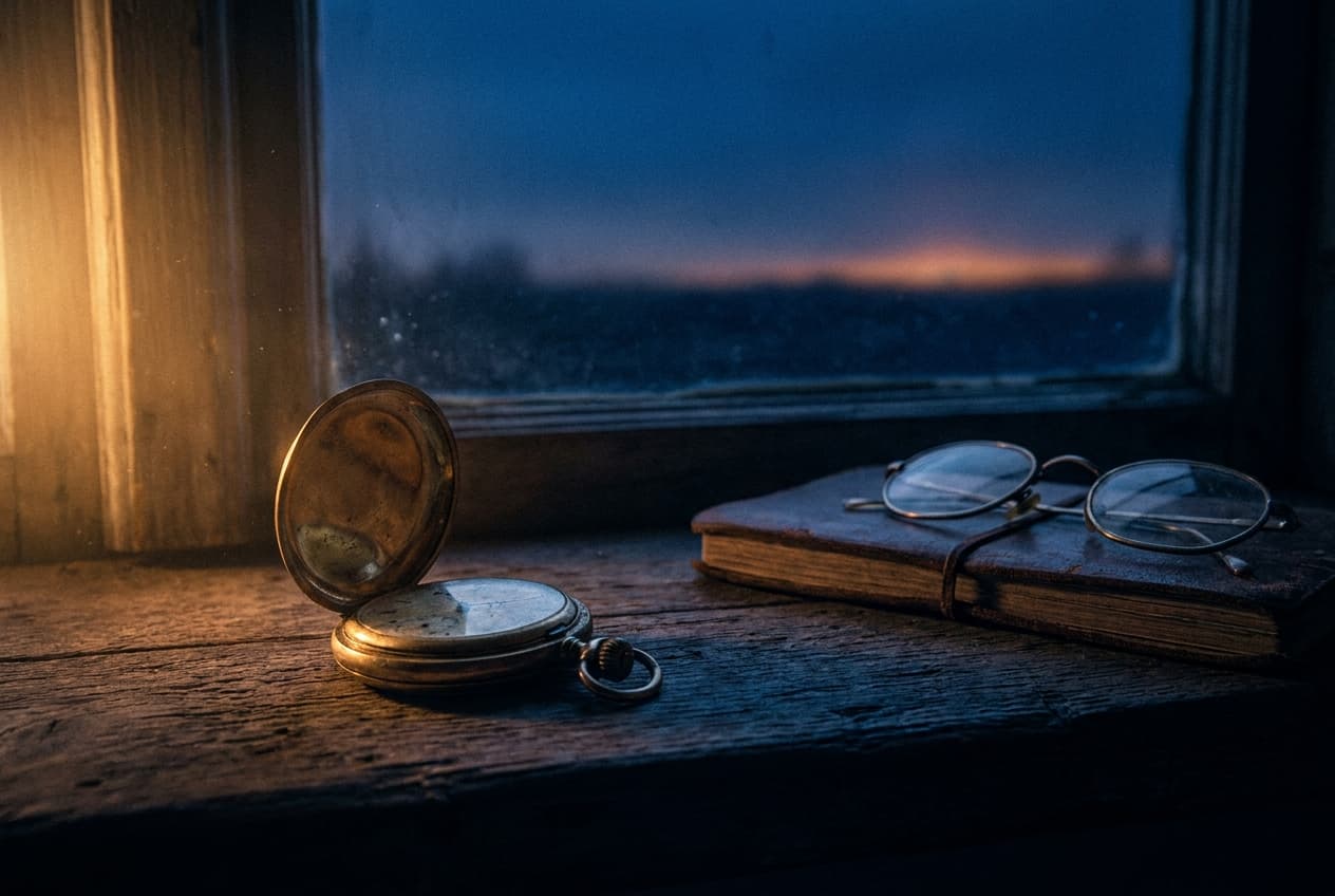Geöffnete Taschenuhr und Notizbuch auf einem Fensterbrett zur blauen Stunde